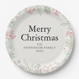 Joy Floral Christmas Wreath Family Custom Name Paper Plates