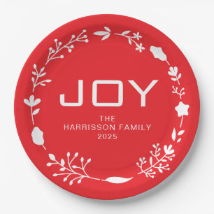 Joy Floral Christmas Wreath Family Custom Name Paper Plates