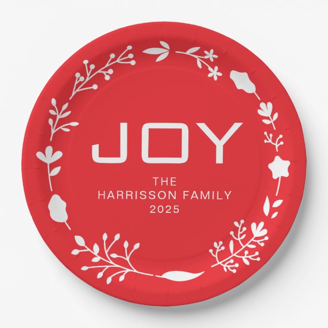 Joy Floral Christmas Wreath Family Custom Name Paper Plates (Front)