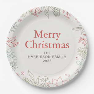 Joy Floral Christmas Wreath Family Custom Name Paper Plates