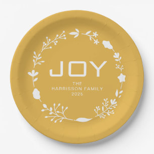 Joy Floral Christmas Wreath Family Custom Name Paper Plates
