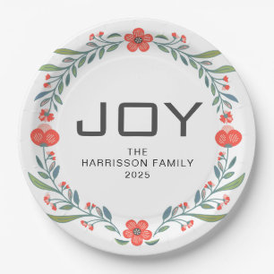 Joy Floral Christmas Wreath Family Custom Name Paper Plates