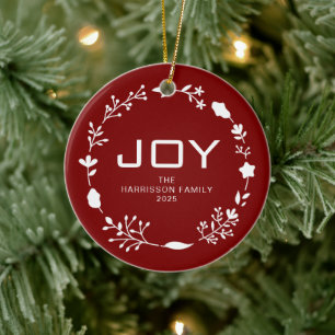 Joy Floral Christmas Wreath Family Name Photo Ceramic Ornament
