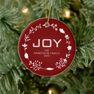 Joy Floral Christmas Wreath Family Name Photo Ceramic Ornament