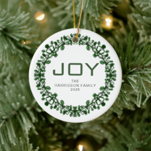 Joy Floral Christmas Wreath Family Name Photo Ceramic Ornament