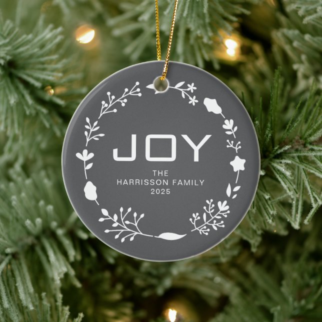 Joy Floral Christmas Wreath Family Name Photo Ceramic Ornament (Tree)