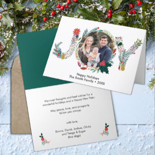 JOY Floral Red Poinsettia Pine Bough Wreath Photo Holiday Card