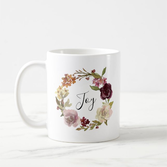 Joy Floral Watercolor Wreath Coffee Mug (Left)