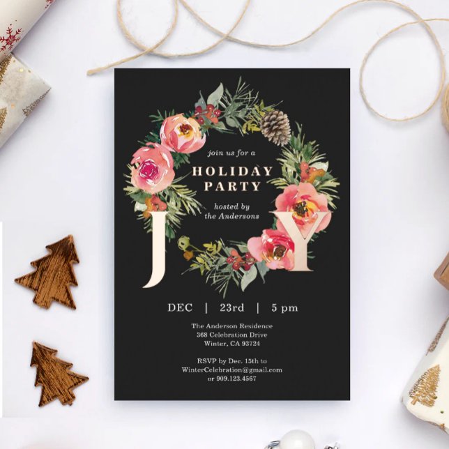 Joy Floral Wreath Black Christmas Party Foil Holiday Card (Creator Uploaded)