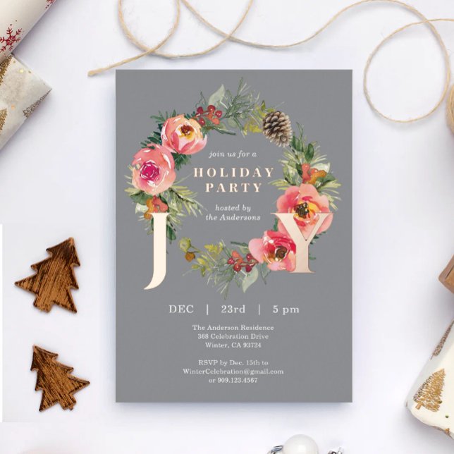 Joy Floral Wreath Gray Christmas Party Foil Holiday Card (Creator Uploaded)