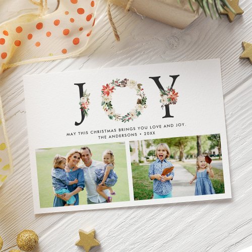 JOY Floral Wreath Holly Berries 2 Photos Christmas Holiday Card