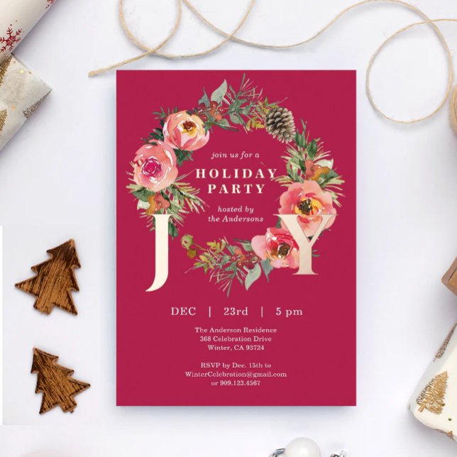 Joy Floral Wreath Red Christmas Party  Foil Holiday Card (Creator Uploaded)