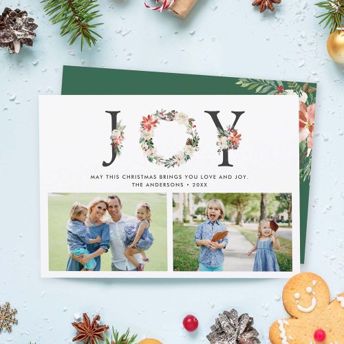 JOY Floral Wreath Typography 2 Photos Christmas  Holiday Card