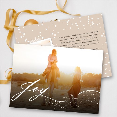 Joy Flowing White Script  Sparkles Stylish Photo Holiday Card