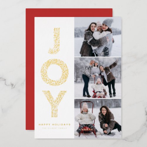 JOY Foliage Lettering Gold Foil Photo Collage Foil Holiday Card