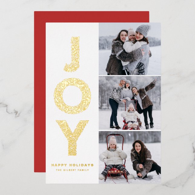 JOY Foliage Lettering Gold Foil Photo Collage Foil Holiday Card (Front/Back)