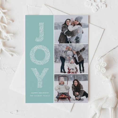 JOY Foliage Lettering Light Blue Photo Collage Holiday Card