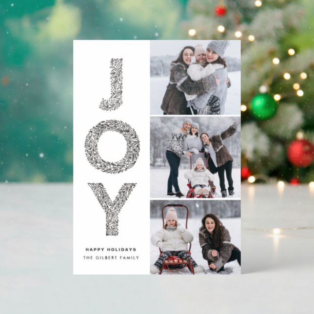 JOY Foliage Lettering Photo Collage Christmas Letterpress Photo Cards (Front (Into))