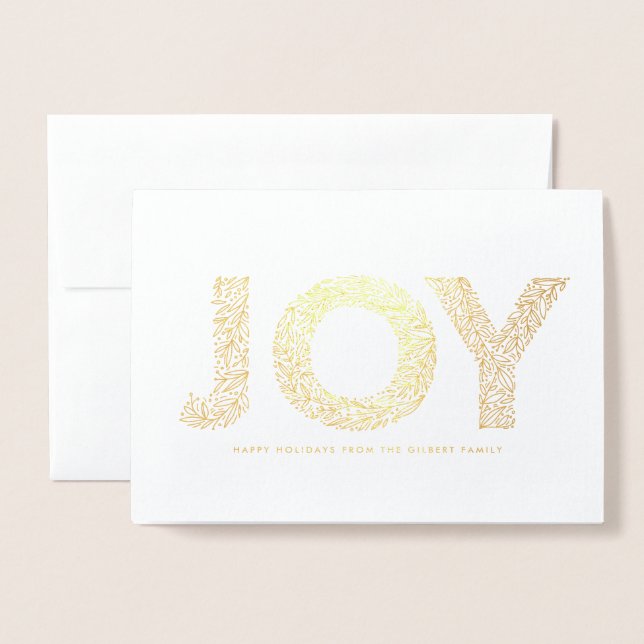 JOY Foliage Typography Christmas Photo Foil Card (Front With Envelope)