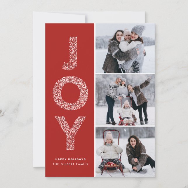 JOY Foliage Typography Red Christmas Photo Collage Holiday Card (Front)