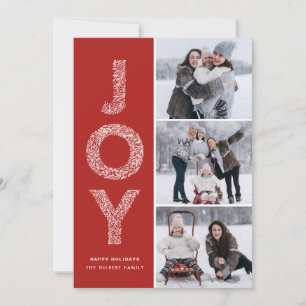 JOY Foliage Typography Red Christmas Photo Collage Holiday Card
