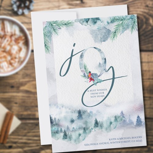 Joy from New Home Watercolor Misty Forest Moving Announcement