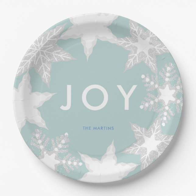 JOY Frosted Snowflakes Blue Paper Plates (Front)
