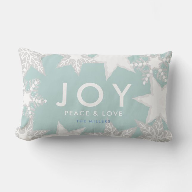 JOY Frosted Snowflakes Light Blue Christmas Lumbar Pillow (Front)