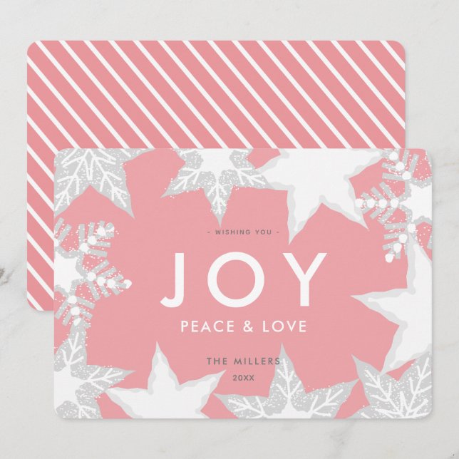 JOY Frosted Snowflakes Pink Christmas Card (Front/Back)