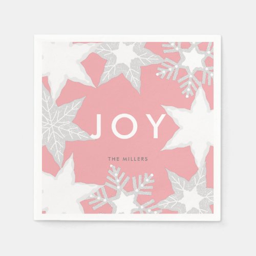 JOY Frosted Snowflakes Pink Christmas Paper Napkins