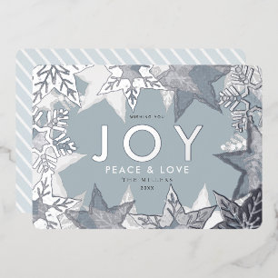 JOY Frosted Snowflakes Silver Foil Holiday Card