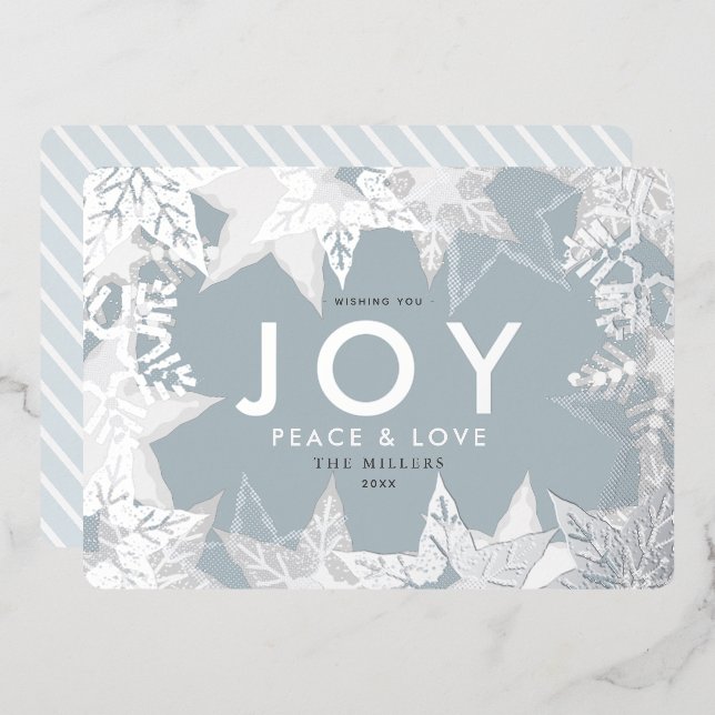 JOY Frosted Snowflakes Silver Foil Holiday Card (Front/Back)