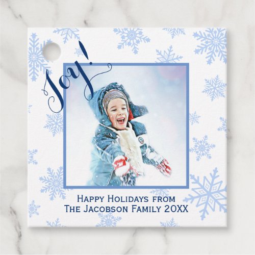 Joy Fun Blue Snowflakes Christmas Photo Frame Favor Tags