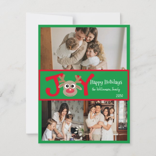 JOY Fun Cute 3 Photo Cartoon Reindeer Red Green Holiday Card (Front)