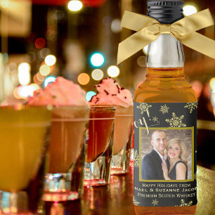 Joy! Fun Golden Snowflakes with Photo Holiday Mini Liquor Bottle Label