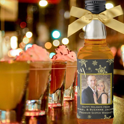 Joy Fun Golden Snowflakes with Photo Holiday Mini Liquor Bottle Label