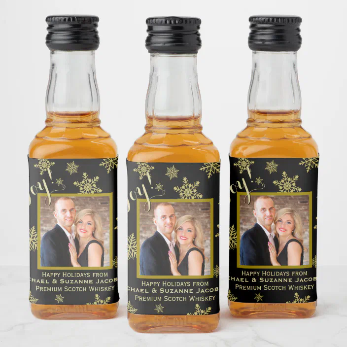 Joy! Fun Golden Snowflakes with Photo Holiday Mini Liquor Bottle Label |  Zazzle