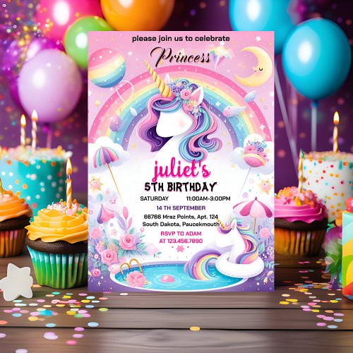 joy girly cute purple pink unicorn 1st birthday invitation