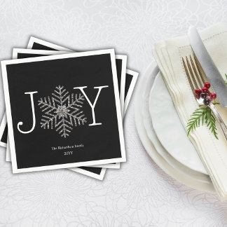 Joy Glittery Snowflake Family Name and Year Napkins