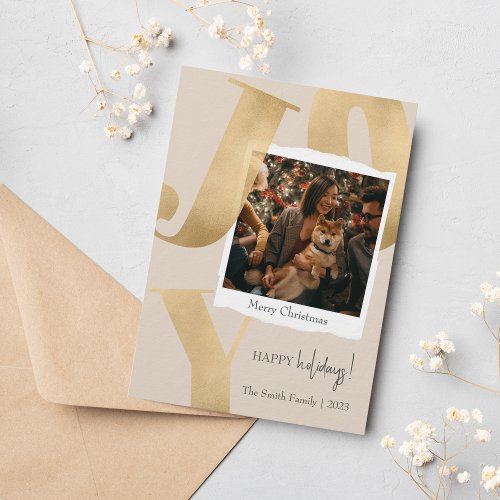 Joy Gold  Beige Family Photo Christmas Holiday Card