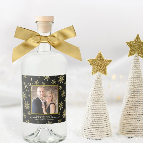 Joy Gold  Black Holiday Photo Festive Snowflakes Liquor Bottle Label