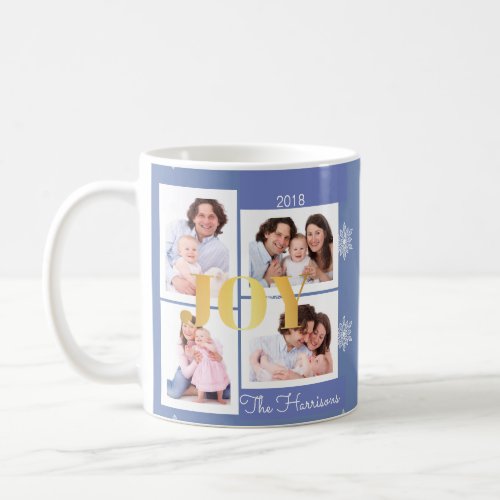 Joy Gold Blue Family Photo Collage Christmas Coffee Mug