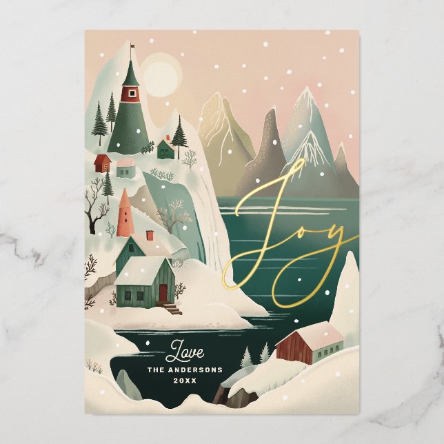 Joy Gold Christmas | Alpine Mountain Village Scene Foil Holiday Card (Front)