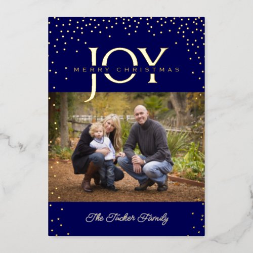 JOY Gold Confetti Dark Blue Merry Christmas 2 Pics Foil Holiday Card