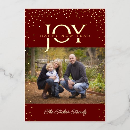 JOY Gold Confetti Dark Red Happy New Year Photo Foil Holiday Card