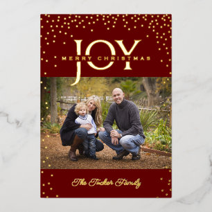 JOY Gold Confetti Dark Red Merry Christmas 2-Photo Foil Holiday Card