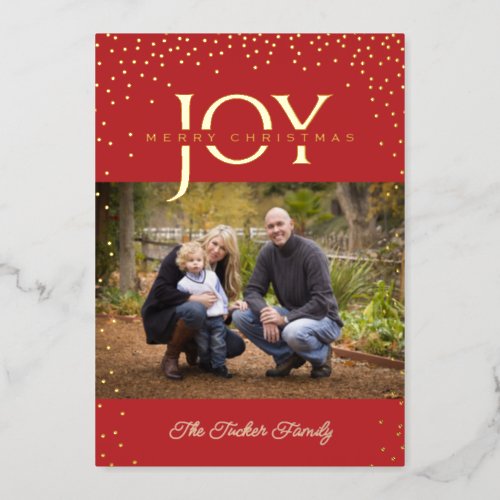 JOY Gold Confetti Dots Red Merry Christmas 2_Photo Foil Holiday Card