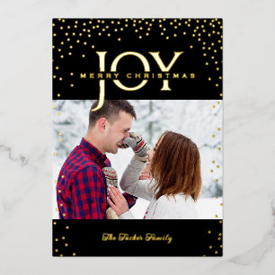 JOY Gold Confetti on Black 2-Photo Merry Christmas Foil Holiday Card