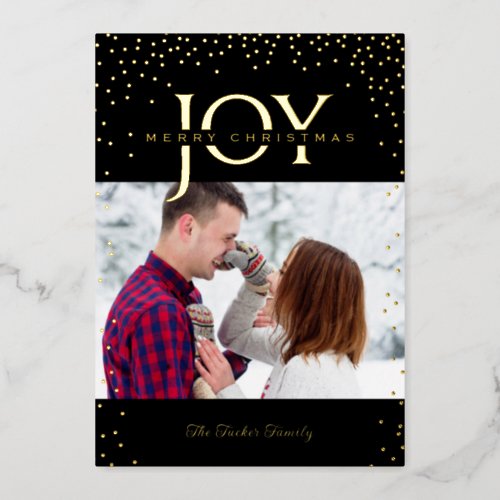 JOY Gold Confetti on Black 2_Photo Merry Christmas Foil Holiday Card