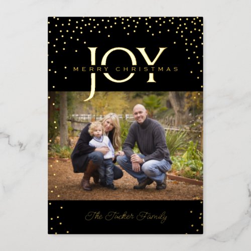 JOY Gold Confetti on Black Merry Christmas Photo Foil Holiday Card
